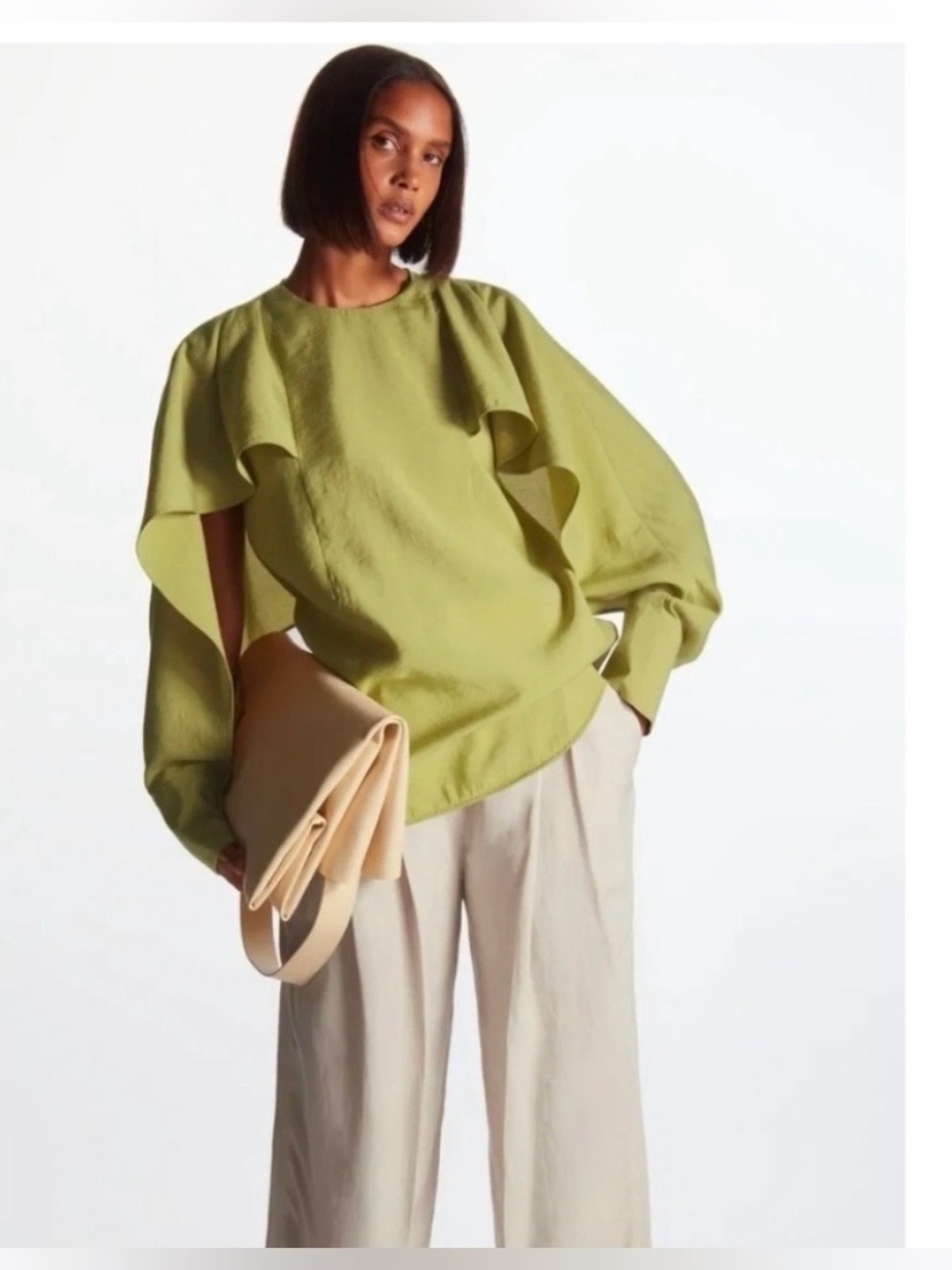 COS Ruffle Cape Sleeve Blouse US 8 Olive Green Modal NWT $120 Sculptural